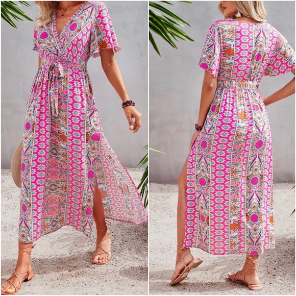 Bohemian Pink Butterfly Sleeve Cottagecore Maxi Dress - Picture 2 of 8